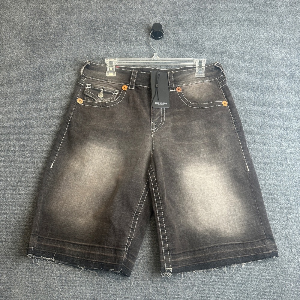 True Religion Baggy Denim Jort Mens 28 Black Cocoa‎ Crumble Big T Flap NWT